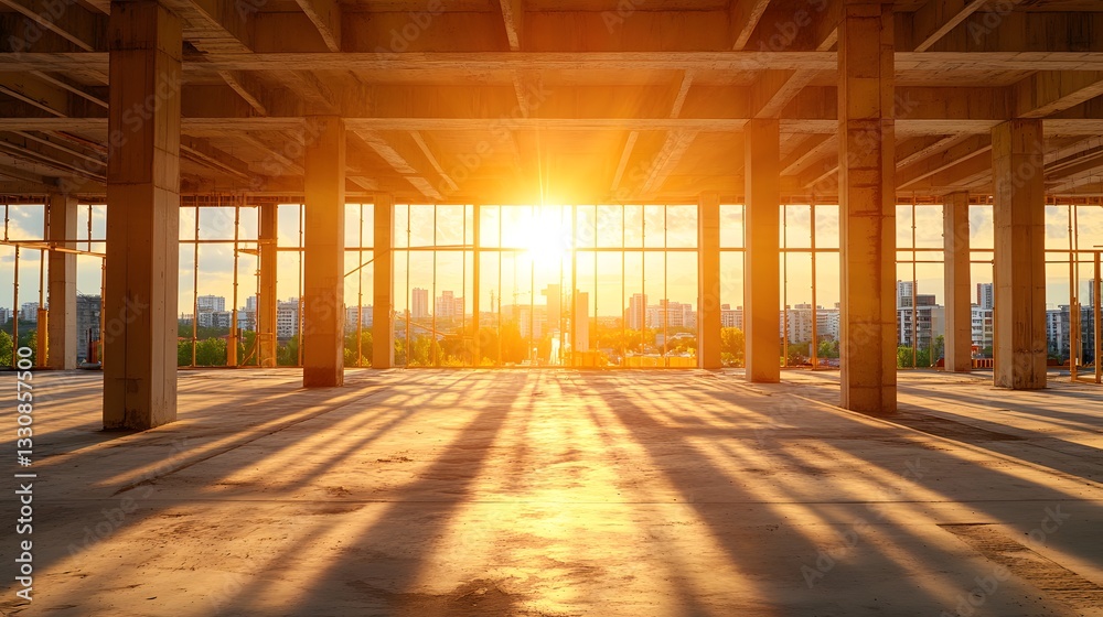 Sunset illuminates empty modern building under construction large windows city view Sunset illuminates empty modern building under construction large windows city view