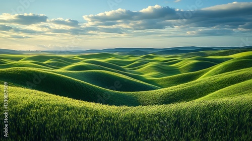 The grassland stretches endlessly, its emerald-green blades swaying in the gentle breeze like an ocean of silk