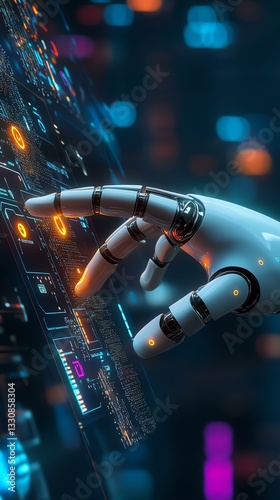 Futuristic robot hand interacts with a digital interface showcasing innovative technology.