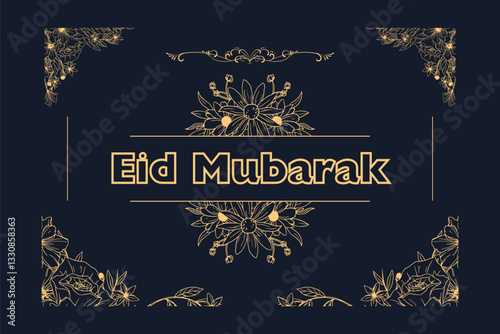 Elegant Eid Mubarak Greeting Card with Golden Floral Design on Dark Background