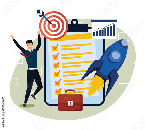 Project Closure concept. Business Achievements Represented by Checklist and Rocket Symbol.