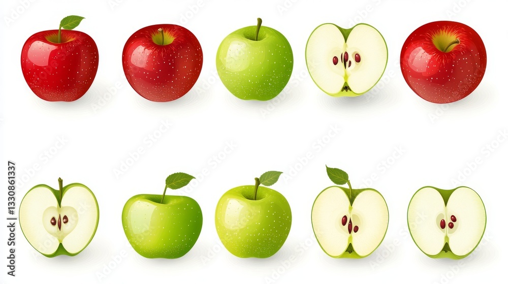 51.A clean and vibrant set of vector icons featuring whole red and green apples, as well as halves of both fruit varieties. Each apple is meticulously designed to highlight its juicy texture and