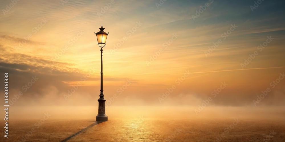 Obraz premium A solitary lamppost stands tall, its warm light piercing the morning mist, casting a long shadow on the tranquil ground as the sun rises in a breathtaking spectacle of colors.