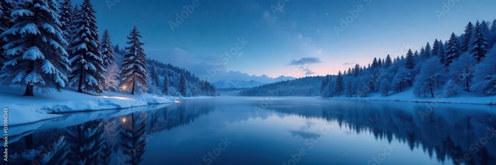 Frozen lake reflecting snow-laden branches, starry night , landscape, quiet, twinkling Frozen lake reflecting snow-laden branches, starry night , landscape, quiet, twinkling