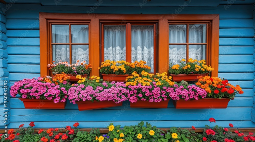 Fototapeta premium Vibrant flowers in window boxes adorn a blue wooden house