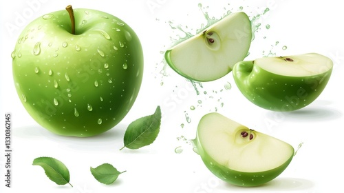 111.A detailed 3D realistic vector set showcasing a whole green apple and its sliced counterpart, isolated against a clean white background. The apple is depicted in bright green hues, with smooth