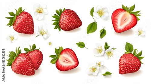 101.A flat design vector set featuring whole and halved red strawberries, surrounded by soft, white flower petals and tiny green leaves. The strawberries are vividly red, with a smooth, glossy