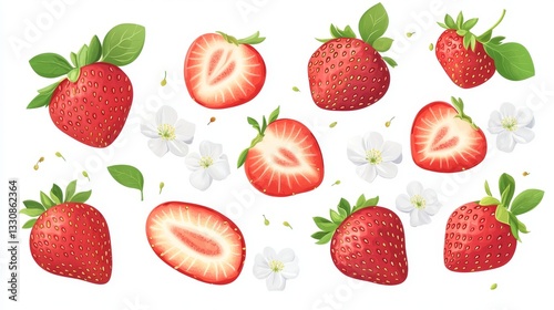 101.A flat design vector set featuring whole and halved red strawberries, surrounded by soft, white flower petals and tiny green leaves. The strawberries are vividly red, with a smooth, glossy