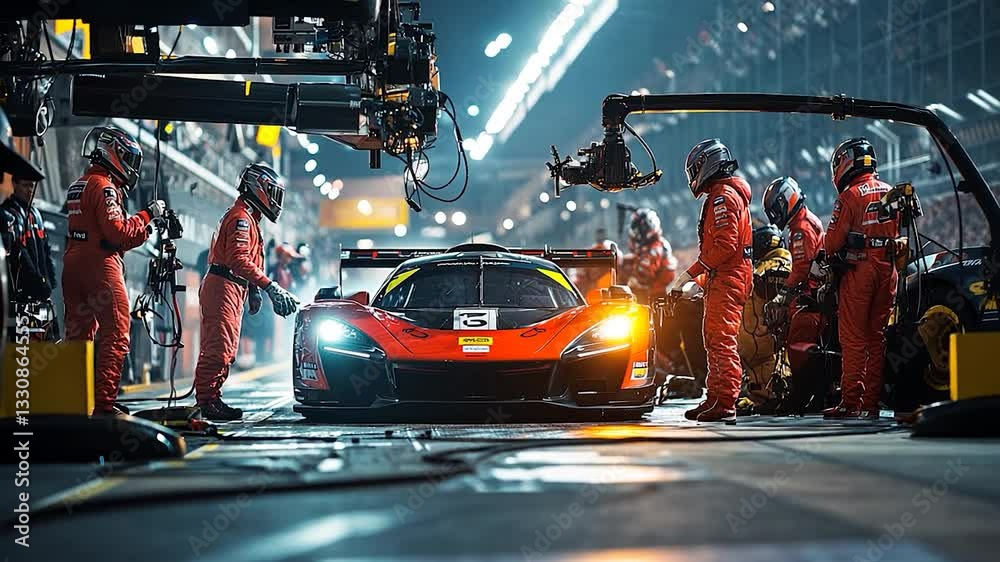 Formula One Race Car . Pit Crew Servicing Vehicle in the Pit Lane. Blurred Pit Crew in Background. Speed and Sport Concept Video