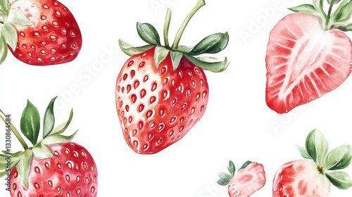 93.A set of elegant packaging design templates featuring a hand-painted watercolor strawberry illustration. The design showcases a vibrant, fresh strawberry with soft, flowing strokes, complemented