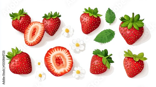 103.A set of vector illustrations in a trendy flat style, featuring whole and halved strawberries with vibrant red coloring and tiny seeds. The berries are isolated on a pure white background, with