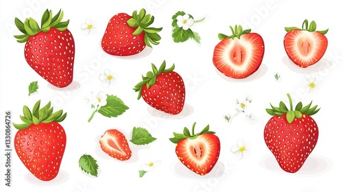 103.A set of vector illustrations in a trendy flat style, featuring whole and halved strawberries with vibrant red coloring and tiny seeds. The berries are isolated on a pure white background, with