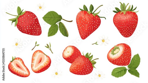 103.A set of vector illustrations in a trendy flat style, featuring whole and halved strawberries with vibrant red coloring and tiny seeds. The berries are isolated on a pure white background, with