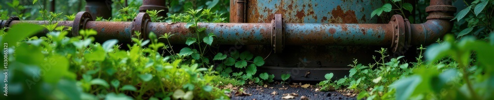 Overgrown weeds surround corroded pipes near bin, dumpster, urban Overgrown weeds surround corroded pipes near bin, dumpster, urban