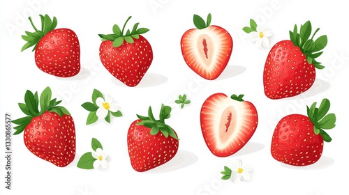 99.A flat-style vector set of fresh red strawberries, including whole and halved fruits, isolated on a white background. The whole strawberries are bright red with visible seeds, while the halved