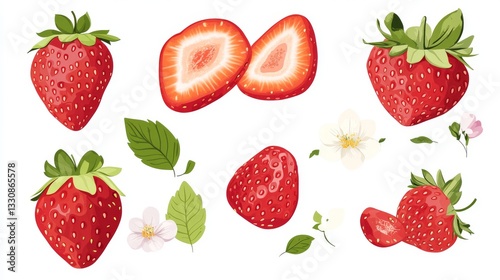 99.A flat-style vector set of fresh red strawberries, including whole and halved fruits, isolated on a white background. The whole strawberries are bright red with visible seeds, while the halved