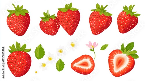 99.A flat-style vector set of fresh red strawberries, including whole and halved fruits, isolated on a white background. The whole strawberries are bright red with visible seeds, while the halved