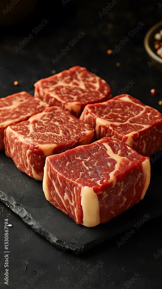 Fototapeta premium Raw beef cubes on dark slate. Ready.
