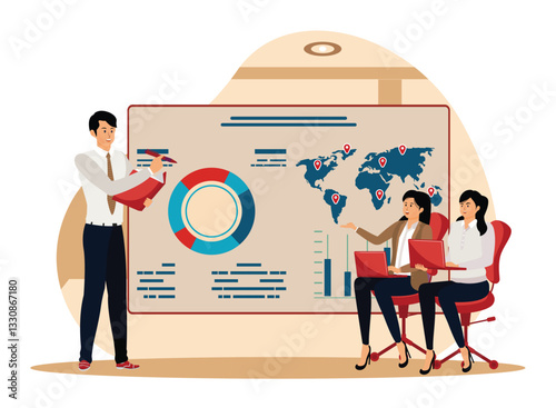 Project Closure.  Business Team Presentation with Data Analytics Charts and World Map Visualization
