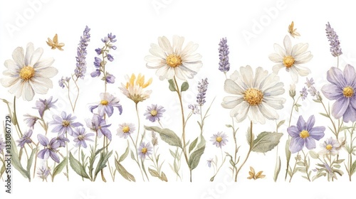 Watercolor floral border with lavender and daisies (1)