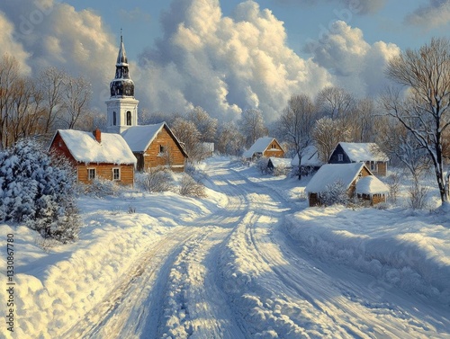 Snowy Village Road: Winter Landscape with Church Steeple under Cloudy Skies