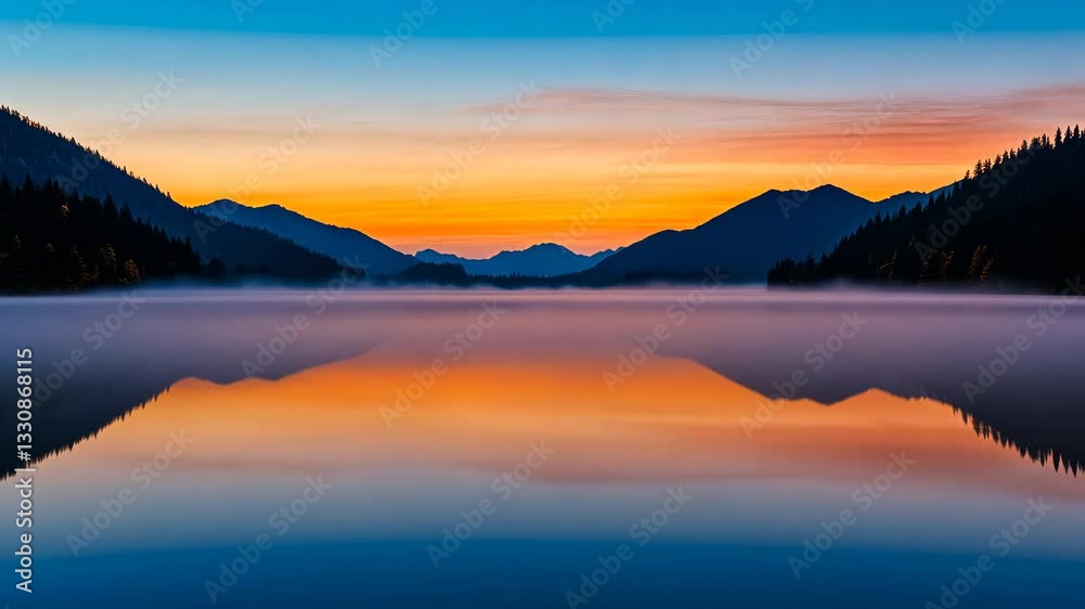 custom made wallpaper toronto digitalSerene Lake Reflects Vibrant Sunset with Silhouetted Mountains, Misty Horizon, and Serene Reflection of Horizon in Misty Silhouette