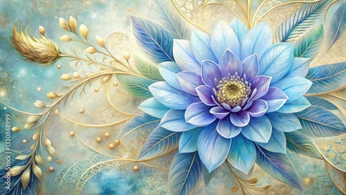 Serene Blue Flower with Golden Accents, a Botanical Masterpiece Featuring Intricate Details and a Dreamlike Atmosphere