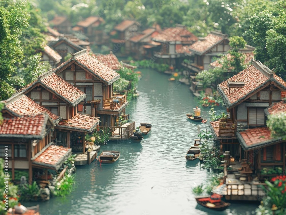 Obraz premium Waterside Village: Houses, Boats, Tranquil Canal Scene
