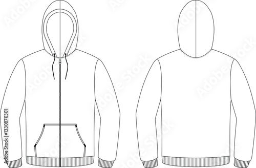 Vector Zip-Up Hoodie Mockup – Front and Back View, Kangaroo Pocket, Drawstring Hood