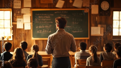 A Teacher in a Rustic Classroom, imparting knowledge to attentive students, bathed in warm sunlight.