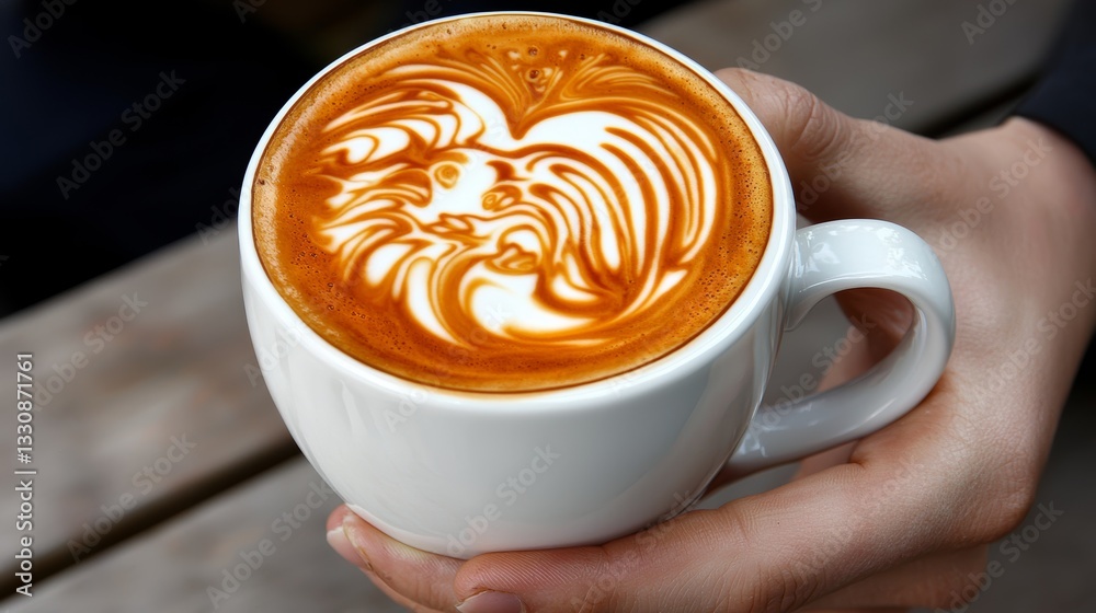 Hand Holding White Cup of Latte Art Coffee