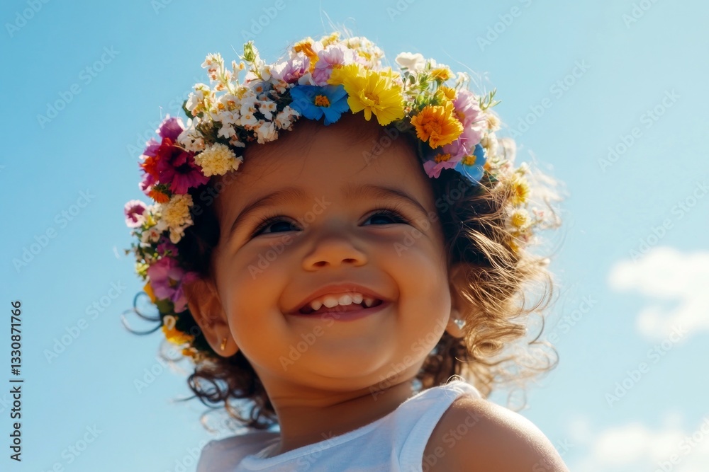 Sunny daylight. Happy mixed-race infant girl wearing multi-colored flower crown on her head. Happy vacation time symbol. Happy little traveler. Bright and cheerful summer day. Sunny daylight. Happy mixed-race infant girl wearing multi-colored flower crown on her head. Happy vacation time symbol. Happy little traveler. Bright and cheerful summer day.