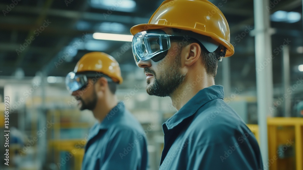 Factory Workers Wearing Safety Helmets and Goggles in Industrial Environment Factory Workers Wearing Safety Helmets and Goggles in Industrial Environment
