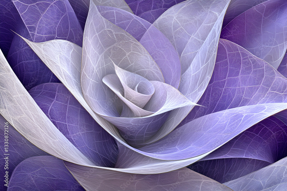 Obraz premium Abstract purple and white floral artwork, delicate leaf veins, swirling petals, nature-inspired design, artistic botanical illustration, elegant and serene, intricate details, macro photography style.
