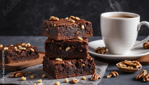 cup of coffee and chocolate cake. Delicious Stacked Brownies with Walnuts and Coffee. A close-up view of a stack of decadent brownies, topped with a rich chocolate glaze and scattered with walnuts.