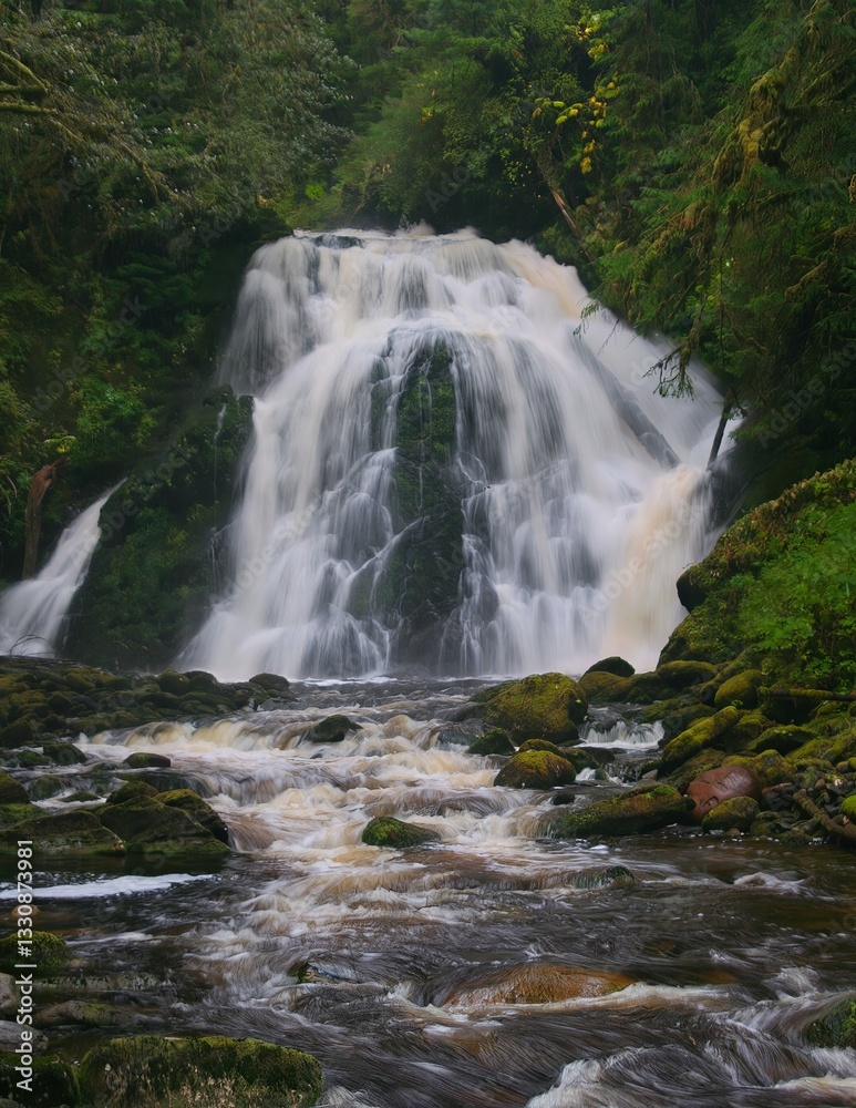 Fototapeta premium A stunning waterfall cascades over rocks, surrounded by lush green foliage. The water flows smoothly, creating a serene and picturesque scene in the midst of a forest.