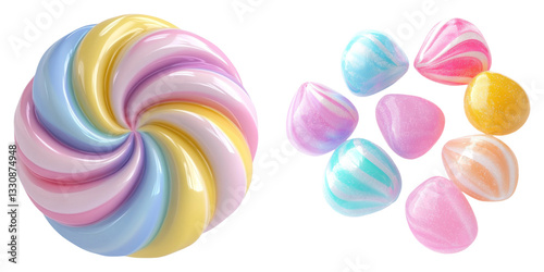Colorful swirl candy and striped candies with glossy finish