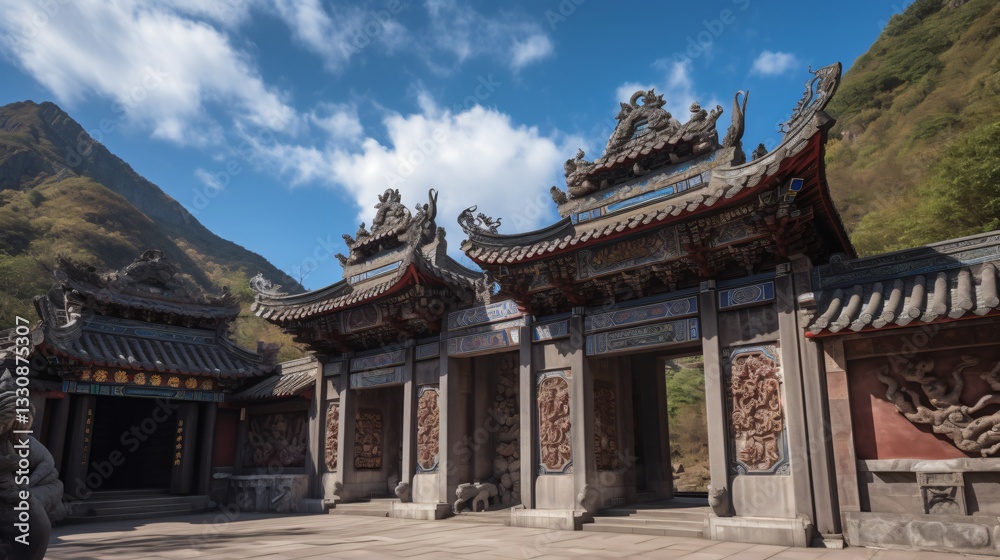 Ancient Chinese Temple Gate in Mountain Landscape Ancient Chinese Temple Gate in Mountain Landscape