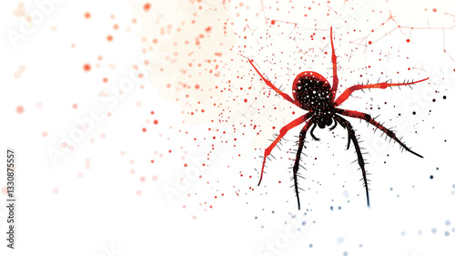 Close-up macro photograph of a spider with reddish-brown legs and a dark-colored body. The spider is positioned centrally against a predominantly white background speckled with small, reddish-brown