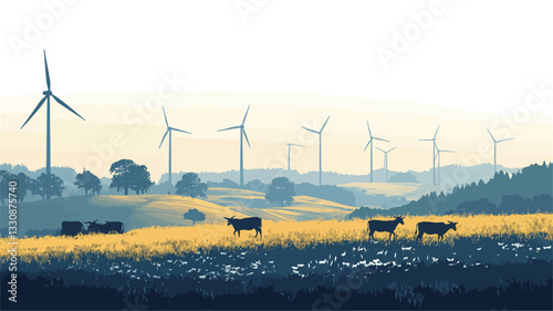 A stylized digital illustration depicting a pastoral landscape. The foreground shows a field of yellow-gold grass with several dark silhouettes of cows grazing.  The mid-ground features gently