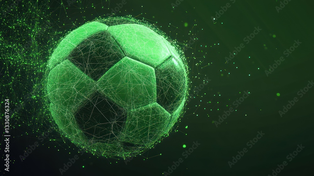 Fototapeta premium Abstract green soccer ball, digital design, dark background, particles