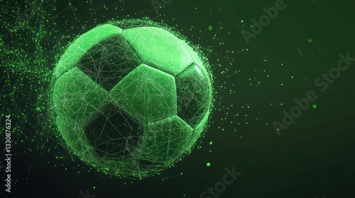Abstract green soccer ball, digital design, dark background, particles