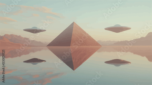 The image depicts a large, brown pyramid situated in a calm body of water. Two unidentified flying objects (UFOs) hover in the sky on either side of the pyramid.  The scene is set against a