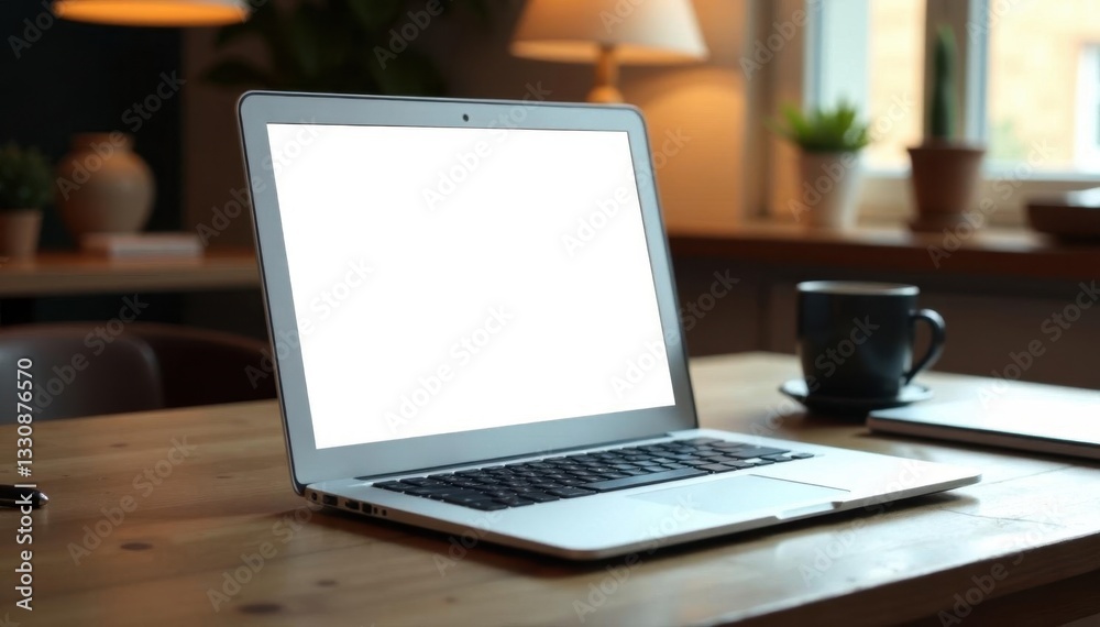 Laptop with blank screen on wooden table Cozy workspace , texture, image, interior Laptop with blank screen on wooden table Cozy workspace , texture, image, interior