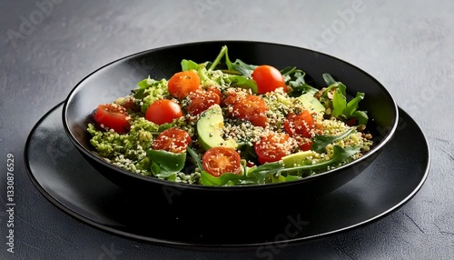 Healthy chicken and vegetable meal with fried elements and fresh ingredients like tomato, onion, and pepper photo