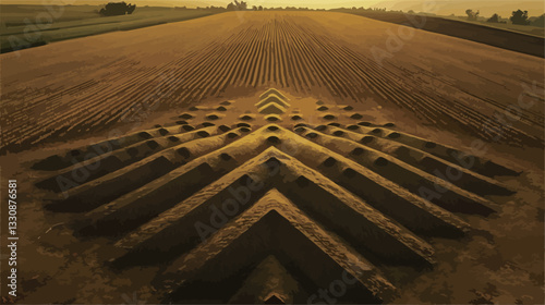 High-angle, long shot of a plowed agricultural field at sunset or sunrise. The field is arranged in a symmetrical geometric pattern of converging lines, creating triangular shapes. The soil is a