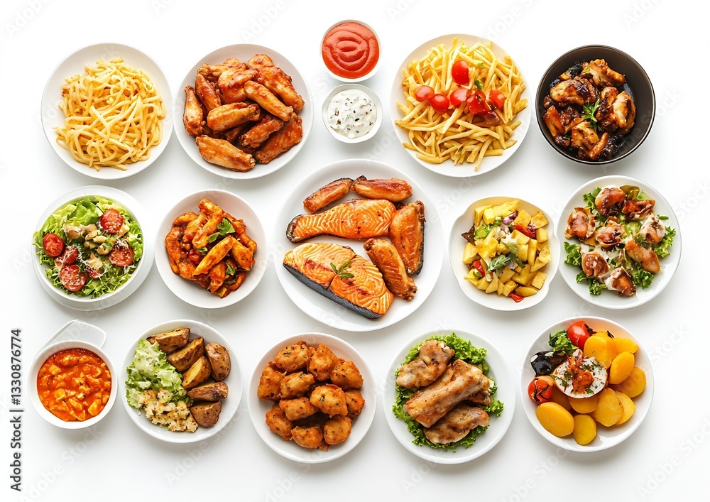 Assorted Delicious Dishes on White Table Featuring Chicken Wings Pasta and Salad : Generative AI Assorted Delicious Dishes on White Table Featuring Chicken Wings Pasta and Salad : Generative AI