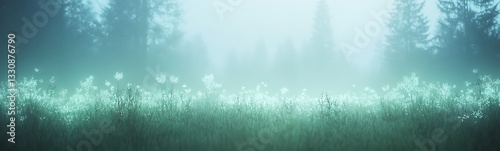 Misty landscape with glowing grass and trees in the background, creating a serene atmosphere.