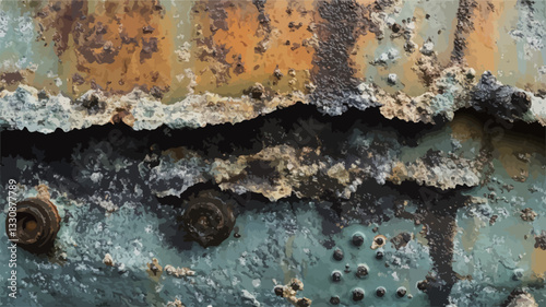 Close-up shot of a rusted metal surface. The texture is rough and uneven, showing significant corrosion and decay.  The colors range from orange and brown rust to blue-grey and black areas. There