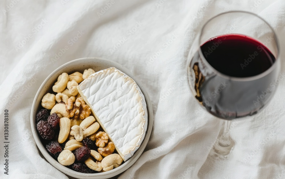 Brie Cheese With Nuts And Dried Cherries Paired With Red Wine Brie Cheese With Nuts And Dried Cherries Paired With Red Wine